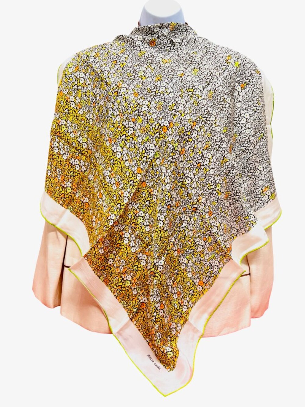 Vintage Pierre Cardin Paris  100% silk satin scarf 31" ivery yellow black (74